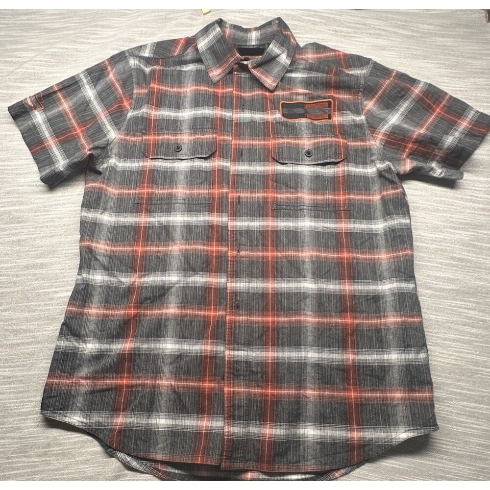 Harley Davidson Shirt Mens Large Button Up Plaid Short Sleeve Orange Black Patch